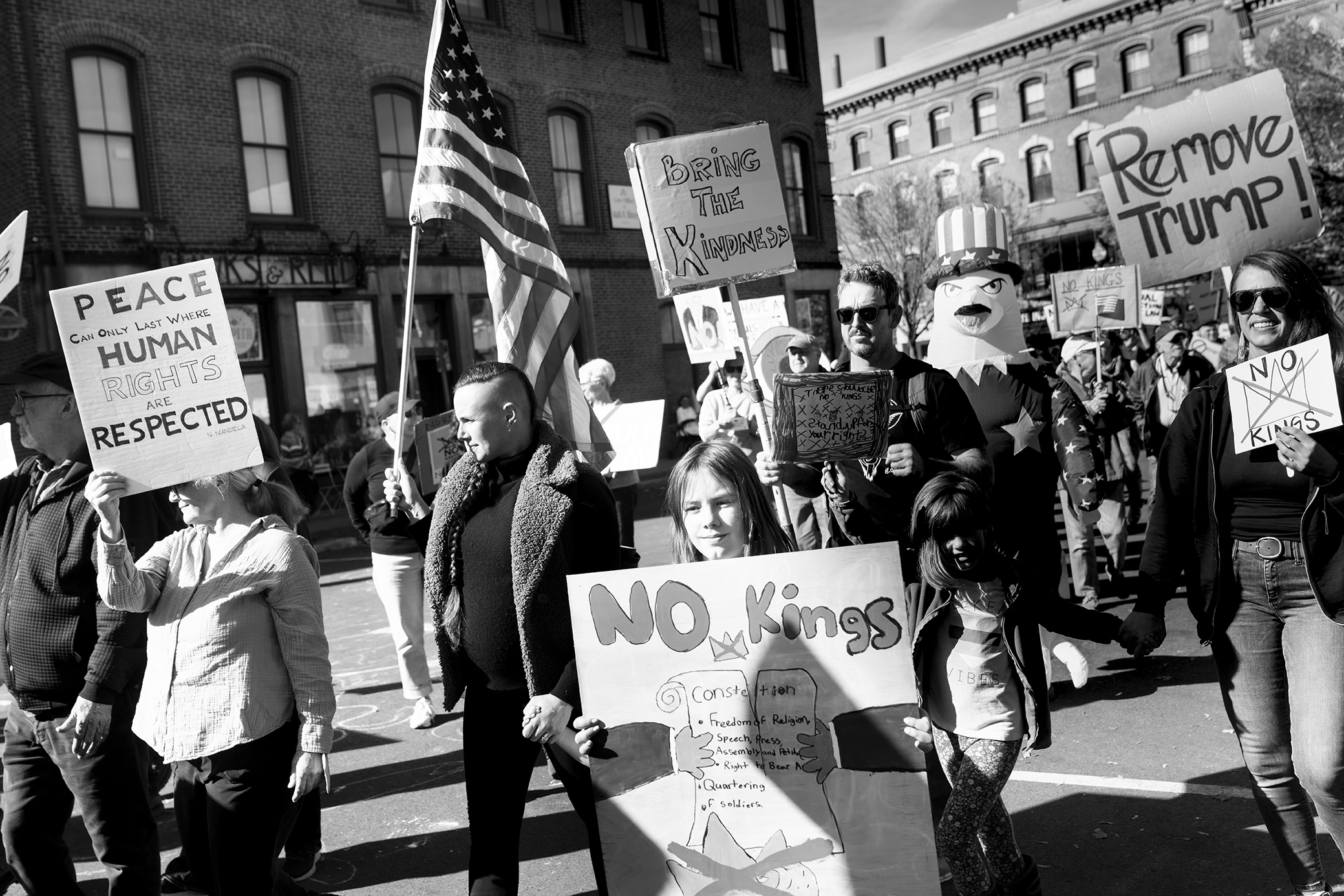 No Kings rally in Greenfield, Mass. Protest was held on Saturday, Oct. 18, 2025.