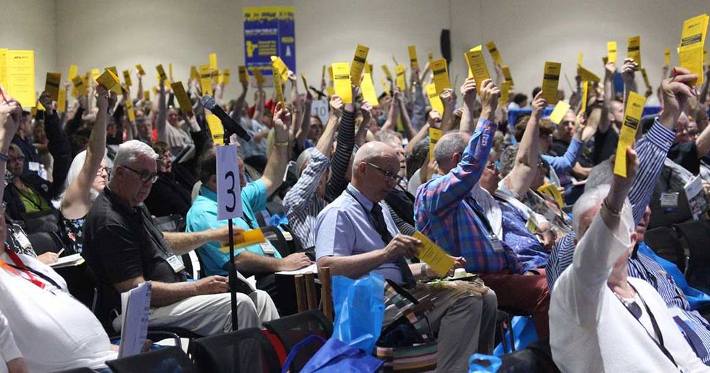 Delegates held their cards up while taking action at the Annual Meeting.