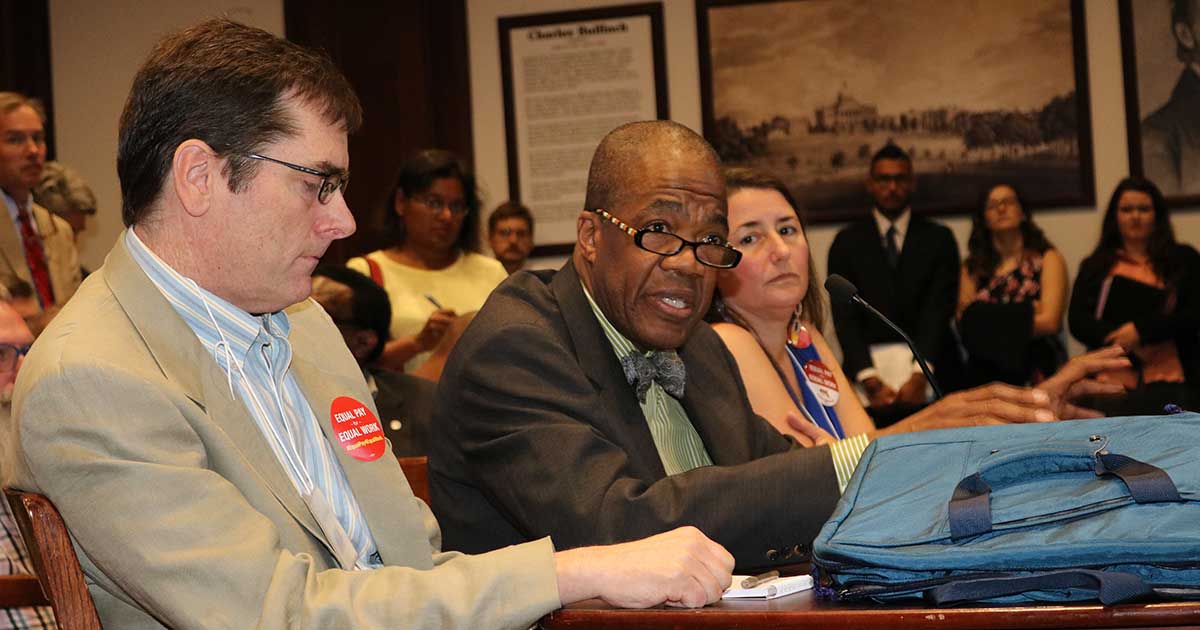 MTA members, from left, Robert Donohue, Walter Harper and Michele Nash testified on House Bill 639 before the Legislature’s Joint Committee on Higher Education.