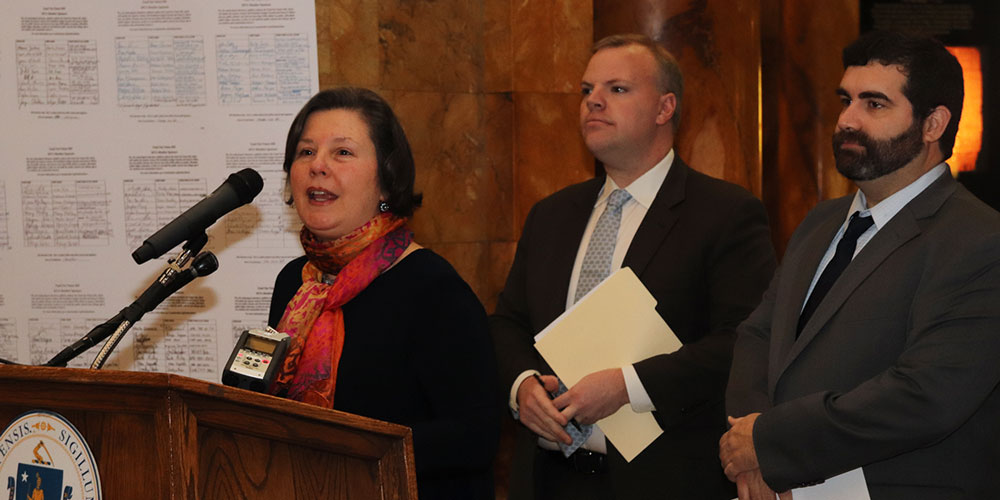 The CHERISH Act’s lead sponsors, Senator Jo Comerford and Representatives Sean Garballey and Paul Mark, from left to right, spoke to a crowd gathered at the State House