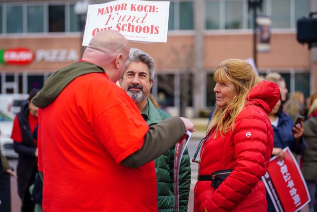 MTA President Max Page and Vice President Deb McCarthy attended a Quincy Education Association standout Thursday outside City Hall as educators announced a vote of no confidence in Mayor Thomas Koch. Photo courtesy of the QEA.