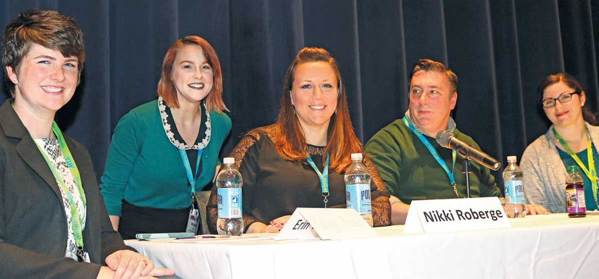 The Just for New Teachers conference featured a panel discussion presented by the New Member Committee. From left to right in the photo at left are committee members Kathryn Procter, Michelle Keane, Nikki Roberge, Gene Reiber and Rose Bell. The conference was held in tandem with a PD day for ESPs.